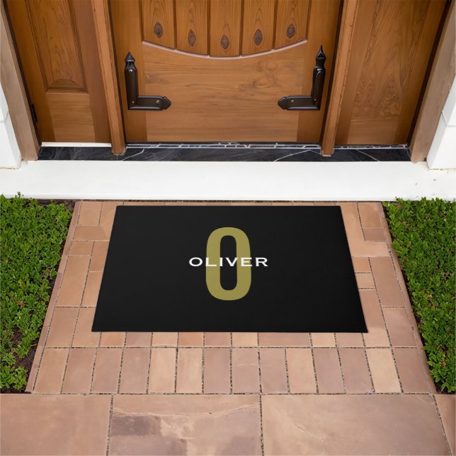 Personalized Monogram Black Gold White Name Doormat (Outdoor)