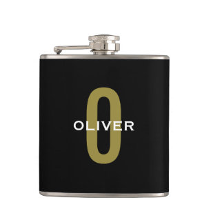 Personalized Monogram Black Gold White Name Flask