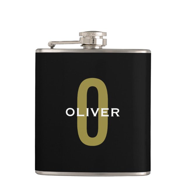Personalized Monogram Black Gold White Name Flask (Front)