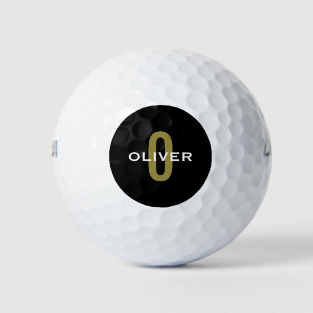 Personalized Monogram Black Gold White Name Golf Balls (Front)