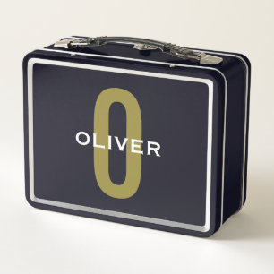 Personalized Monogram Black Gold White Name Metal Lunch Box