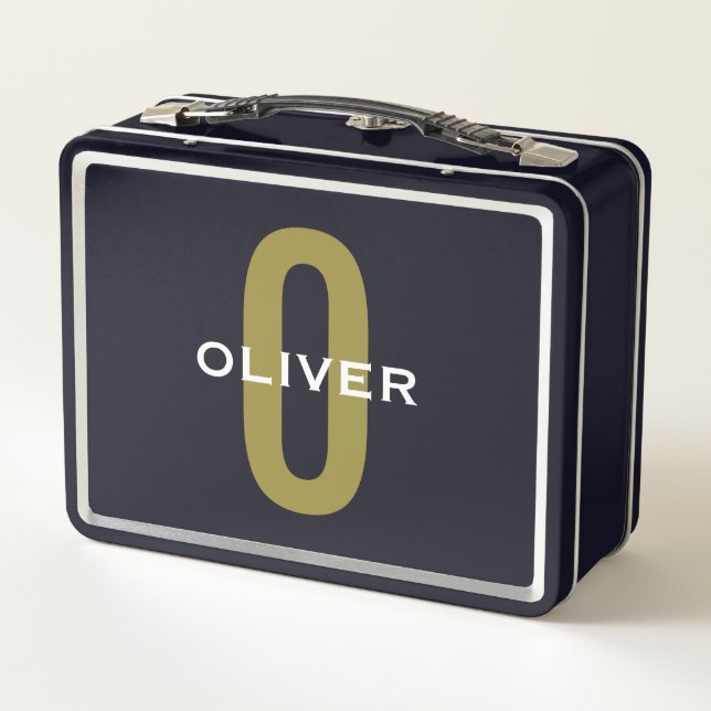 Personalized Monogram Black Gold White Name Metal Lunch Box (Back)