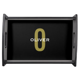 Personalized Monogram Black Gold White Name Serving Tray