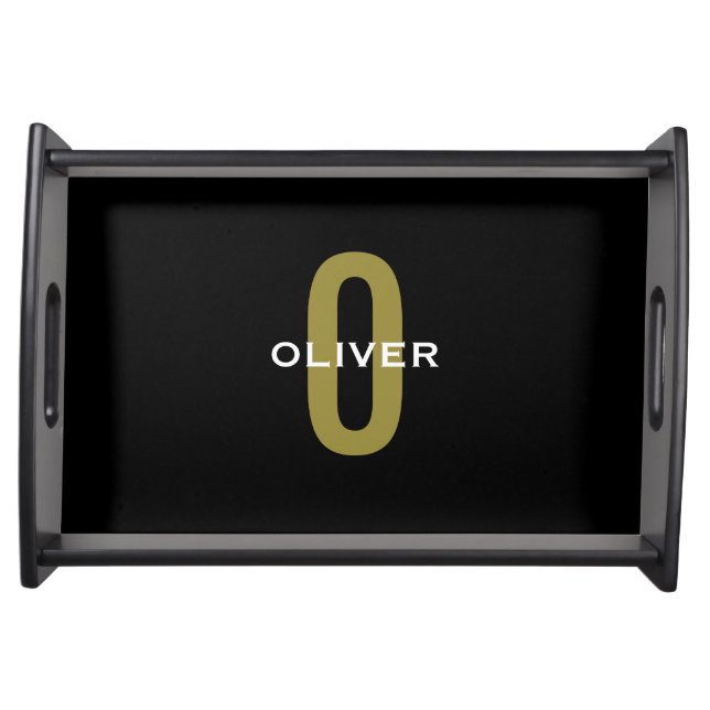 Personalized Monogram Black Gold White Name Serving Tray (Front)