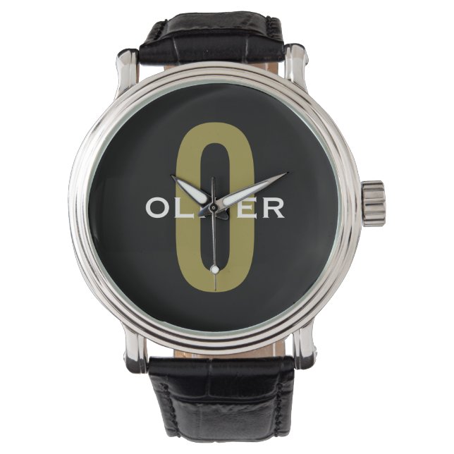 Personalized Monogram Black Gold White Name Watch (Front)