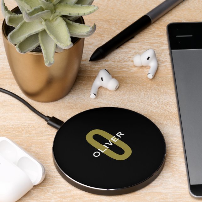 Personalized Monogram Black Gold White Name Wireless Charger (Desk 2)