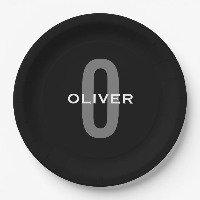 Personalized Monogram Black Grey White Name Paper Plates (Front)