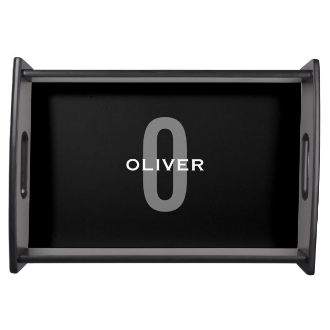 Personalized Monogram Black Grey White Name Serving Tray (Front)