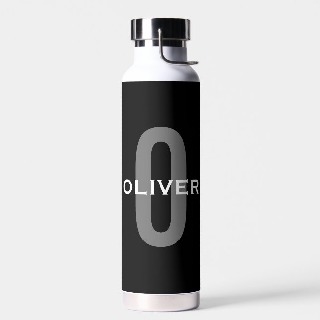 Personalized Monogram Black Grey White Name Water Bottle (Left)