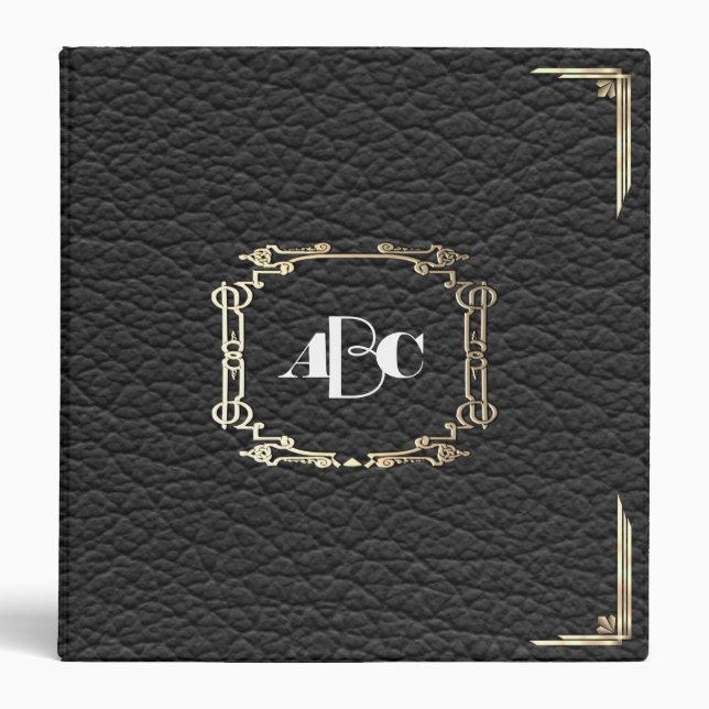 Personalized Monogram Black Leather Look 3 Ring Binder (Front)