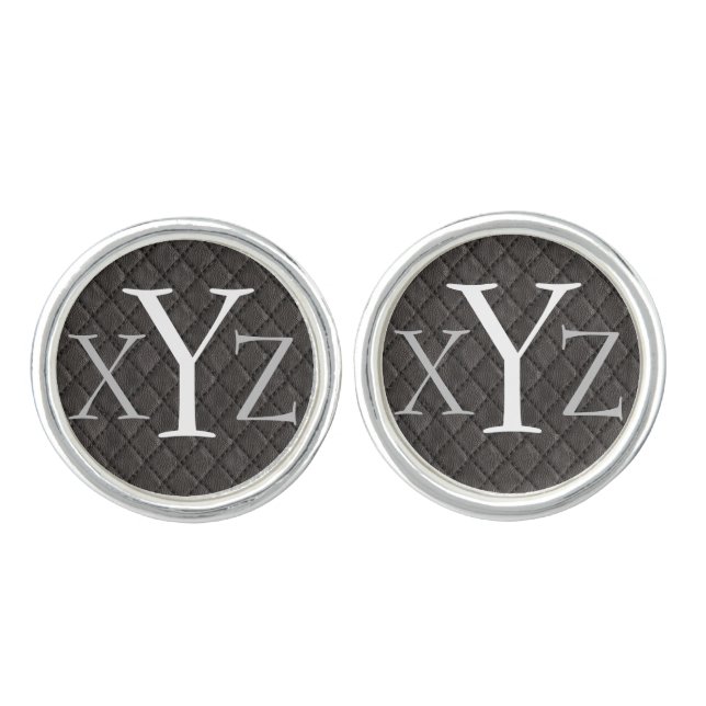 Personalized Monogram Black Leather Look Cufflinks (Front)