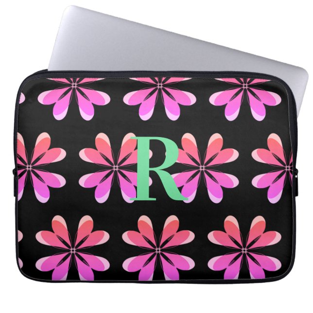 Personalized Monogram black pink retro floral Laptop Sleeve (Front)