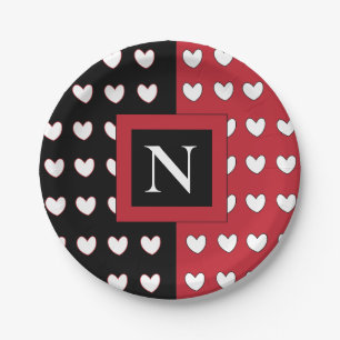 Personalized Monogram Black Red White Hearts  Paper Plates