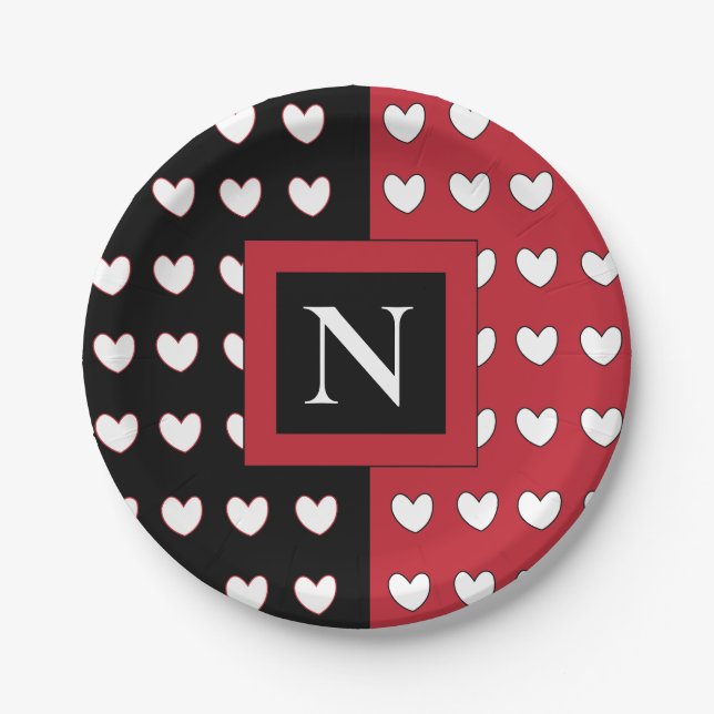 Personalized Monogram Black Red White Hearts  Paper Plates (Front)