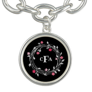 Personalized Monogram Black & White Floral Wreath Bracelet
