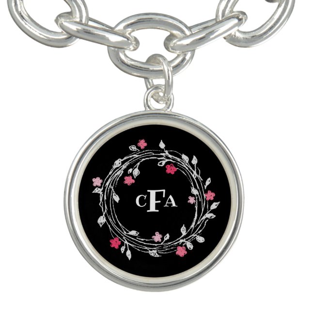 Personalized Monogram Black & White Floral Wreath Bracelet (Design)