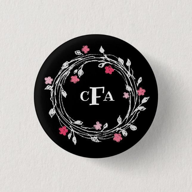 Personalized Monogram Black & White Floral Wreath Button (Front)