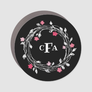 Personalized Monogram Black & White Floral Wreath Car Magnet
