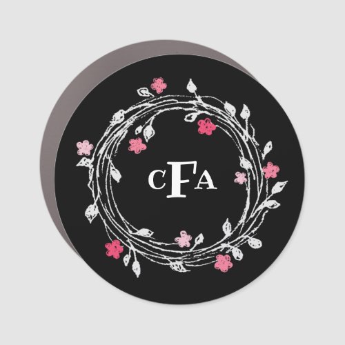 Personalized Monogram Black  White Floral Wreath Car Magnet