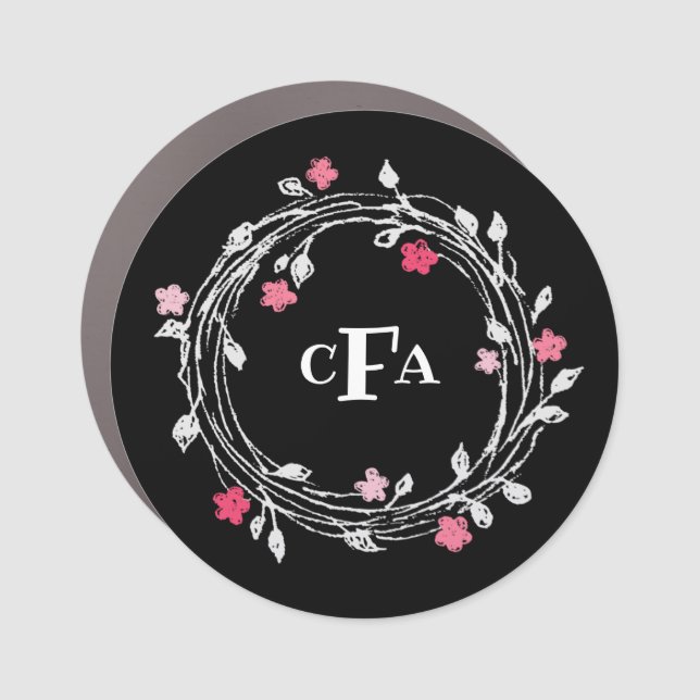Personalized Monogram Black & White Floral Wreath Car Magnet (Front)