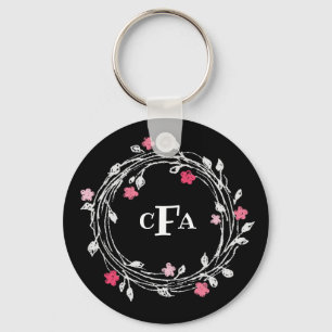 Personalized Monogram Black & White Floral Wreath Keychain