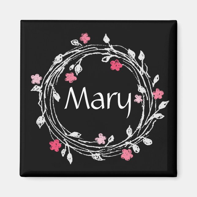 Personalized Monogram Black & White Floral Wreath Magnet (Front)