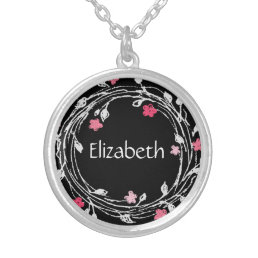 Personalized Monogram Black &amp; White Floral Wreath  Silver Plated Necklace