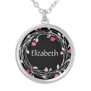 Personalized Monogram Black & White Floral Wreath Silver Plated Necklace