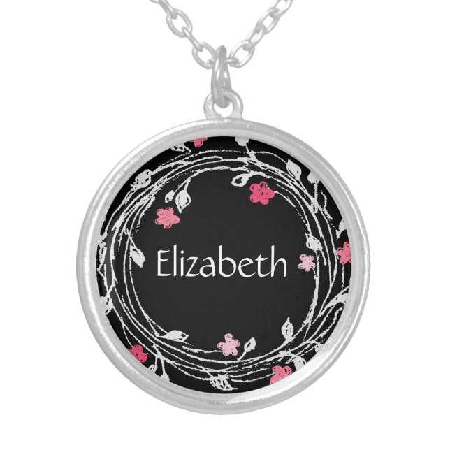 Personalized Monogram Black & White Floral Wreath  Silver Plated Necklace (Front)