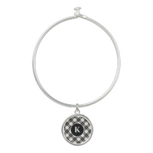 Personalized Monogram Black White Gold Plaid Bangle Bracelet