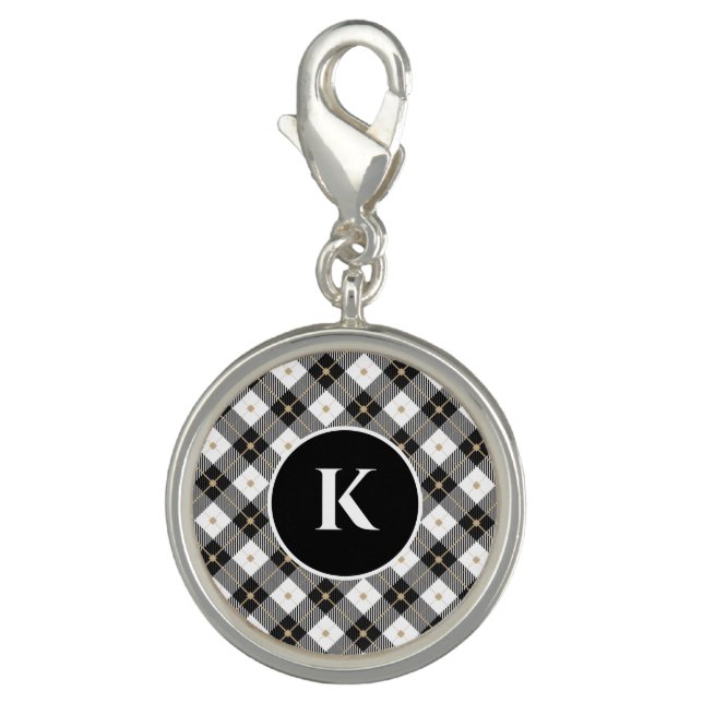 Personalized Monogram Black White Gold Plaid Charm (Front)