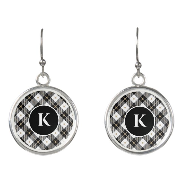 Personalized Monogram Black White Gold Plaid Earrings (Front)