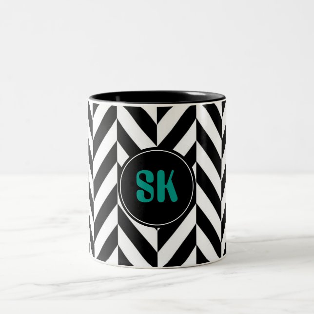 Personalized Monogram Black & White Herringbone - Two-Tone Coffee Mug (Center)