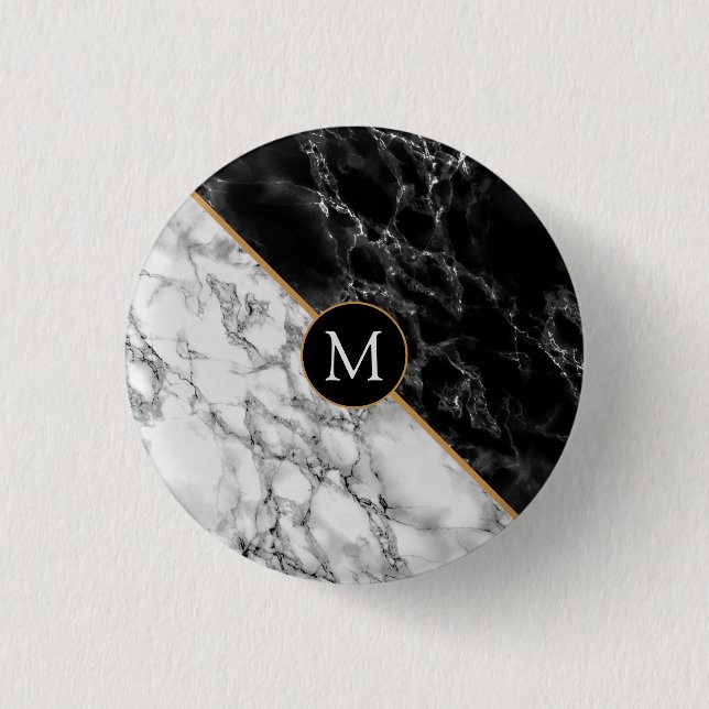 Personalized Monogram Black White Marble Button (Front)
