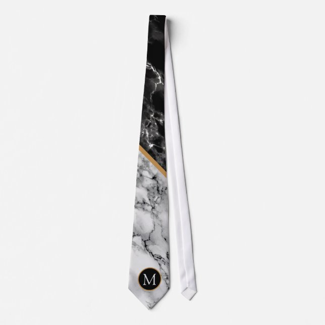 Personalized Monogram Black White Marble Neck Tie (Front)
