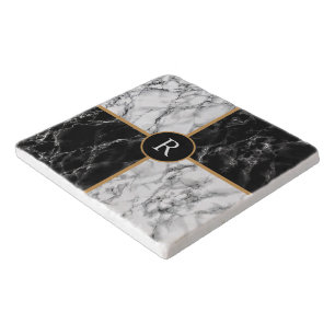 Personalized Monogram Black White Marble Trivet