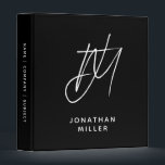 Personalized Monogram Black with Custom Name 3 Ring Binder<br><div class="desc">Keep your documents organized and stylish with this personalized monogram black binder. Featuring a modern sans serif font, the binder includes a script monogram with two initials and a custom name below in simple white font on a solid black background. The sturdy binder is perfect for personal use, whether for...</div>