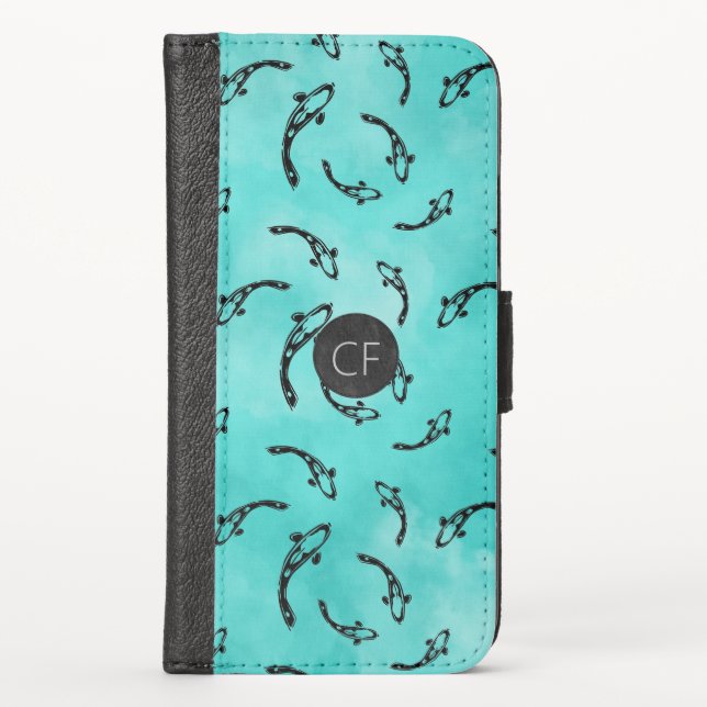 Personalized Monogram Blue & Black Koi Fish Design iPhone Wallet Case (Front)