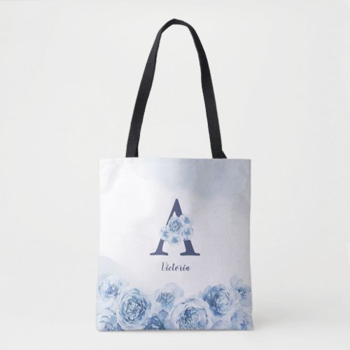 Personalized monogram blue floral bridesmaid tote bag