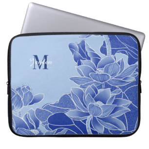 Personalized Monogram Blue Flowers Lotus Mandala Laptop Sleeve
