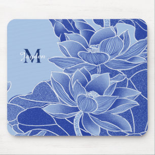 Personalized Monogram Blue Flowers Lotus Mandala  Mouse Pad