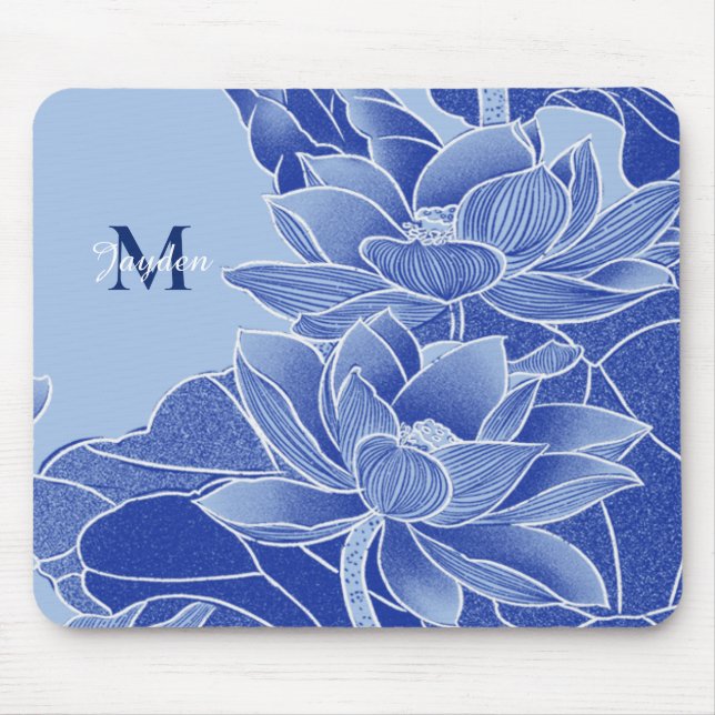 Personalized Monogram Blue Flowers Lotus Mandala  Mouse Pad (Front)