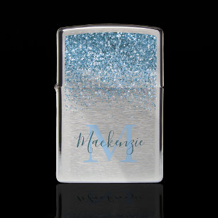 Personalized Monogram Blue Glitter Zippo Lighter