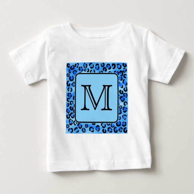 Personalized Monogram, Blue Leopard Print Pattern. Baby T-Shirt (Front)