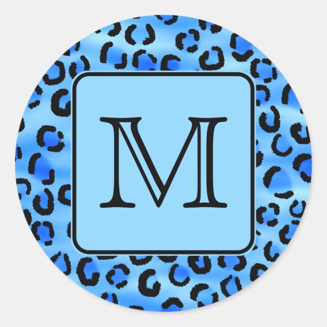 Personalized Monogram, Blue Leopard Print Pattern. Classic Round Sticker (Front)