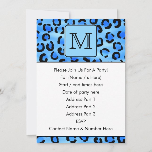 Personalized Monogram, Blue Leopard Print Pattern. Invitation (Front)