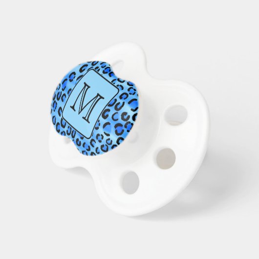 Personalized Monogram, Blue Leopard Print Pattern. Pacifier (Front Right)