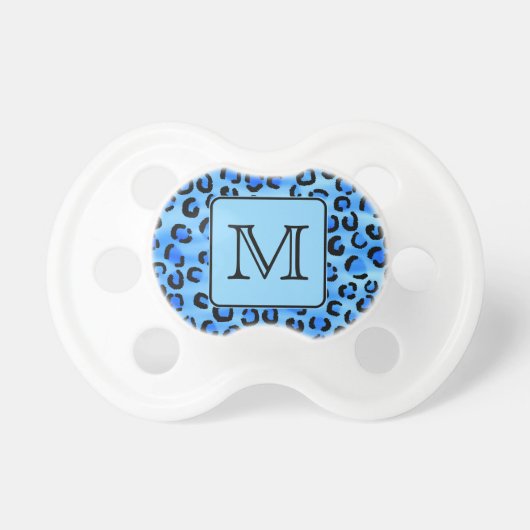 Personalized Monogram, Blue Leopard Print Pattern. Pacifier (Front)