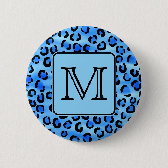 Personalized Monogram, Blue Leopard Print Pattern. Pinback Button (Front)