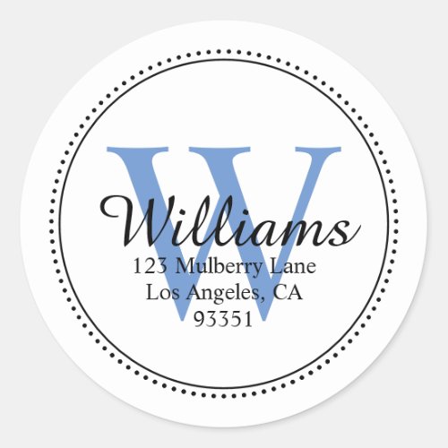 Personalized Monogram Blue Return Address Classic Round Sticker